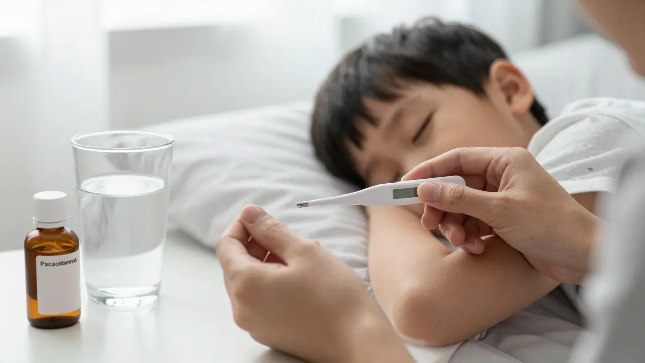 Rodič měří teplotu nemocnému dítěti a připravuje léky
