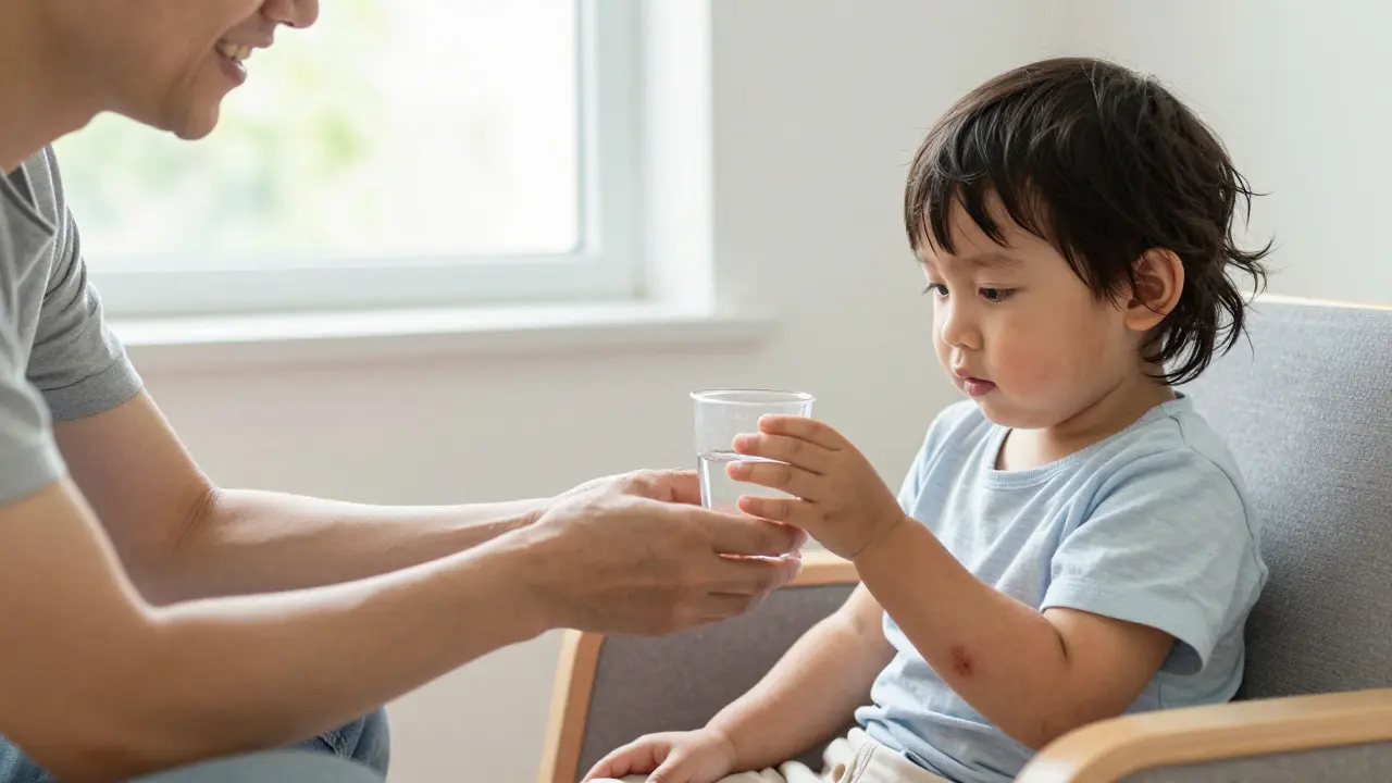 Rodič podává pití uzdravujícímu se dítěti doma pro prevenci dehydratace.