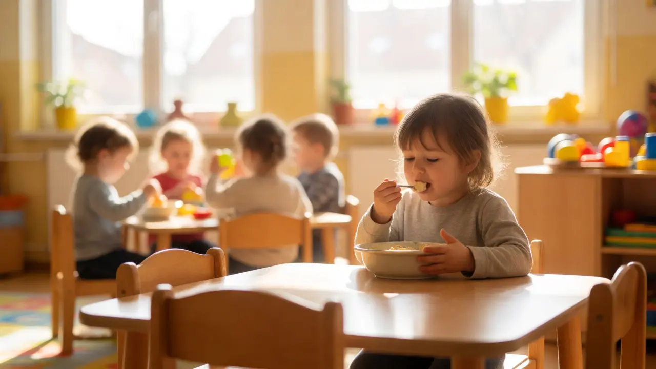 Dítě s chutí jí snídani ve slunné třídě mateřské školy