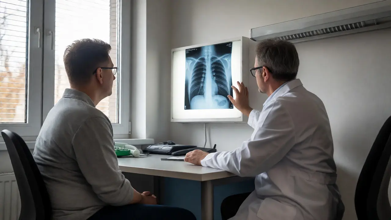 Lékař a pacient konzultující rentgenový snímek plic v ordinaci.