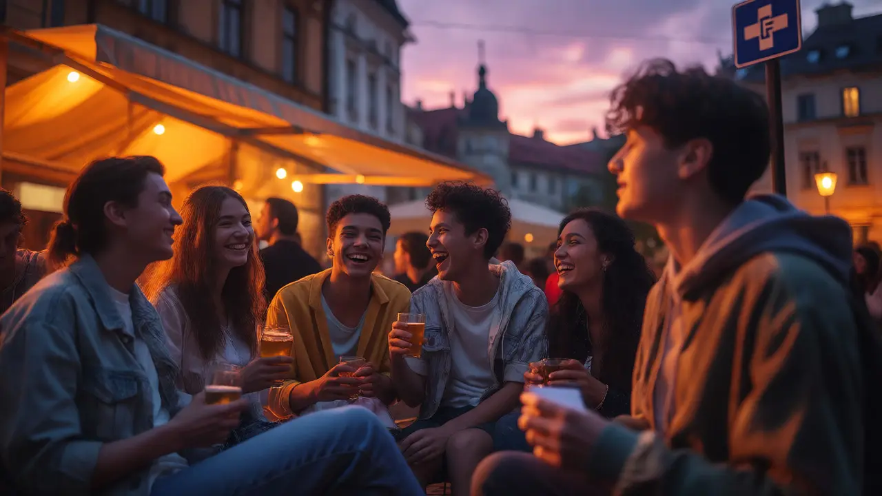 Skupina dospívajících studentů sociálně se setkávajících ve městě.