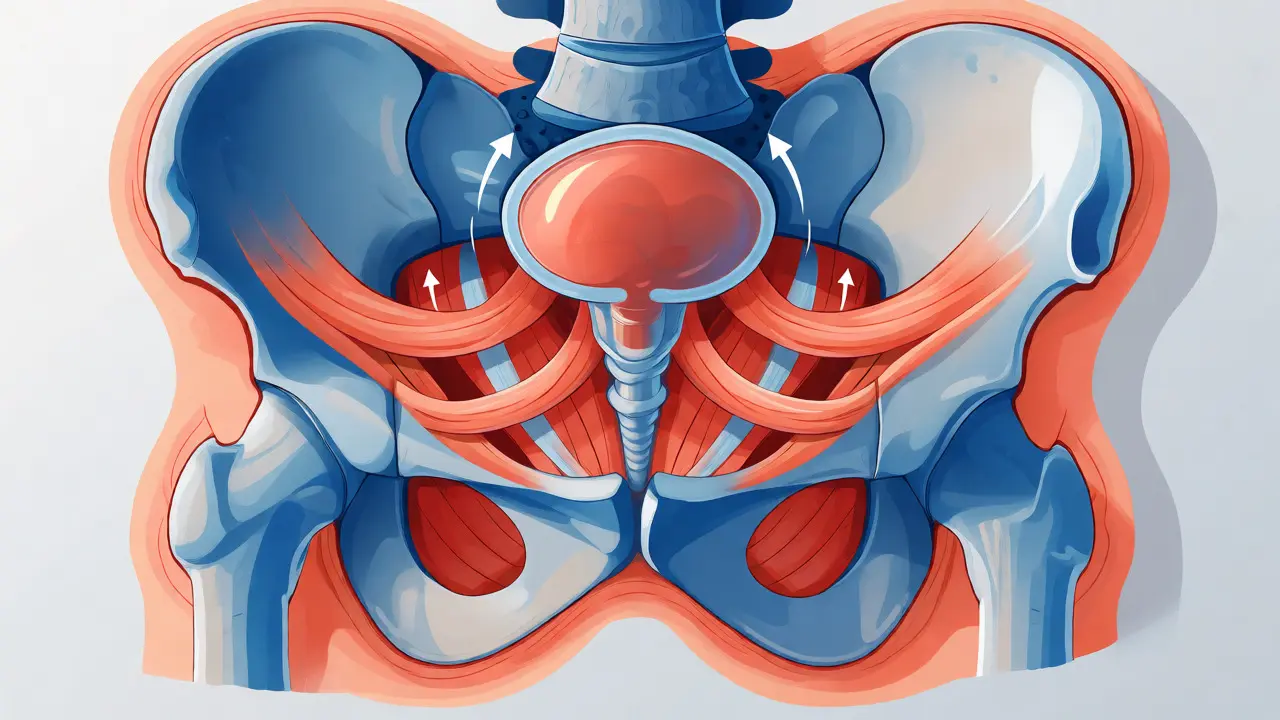 Stylizovaná anatomická ilustrace svalů pánevního dna podpírajících močový měchýř.