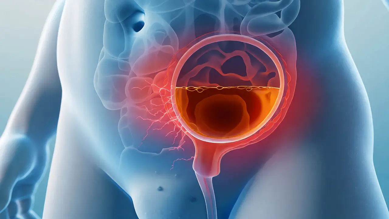 Anatomická ilustrace podrážděného močového měchýře koncentrovanou močí