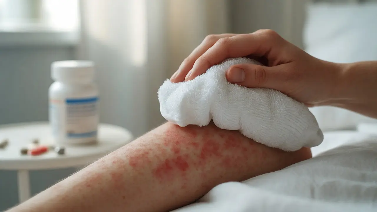 Aplikace chladivého obkladu na podrážděnou pokožku s kopřivkou