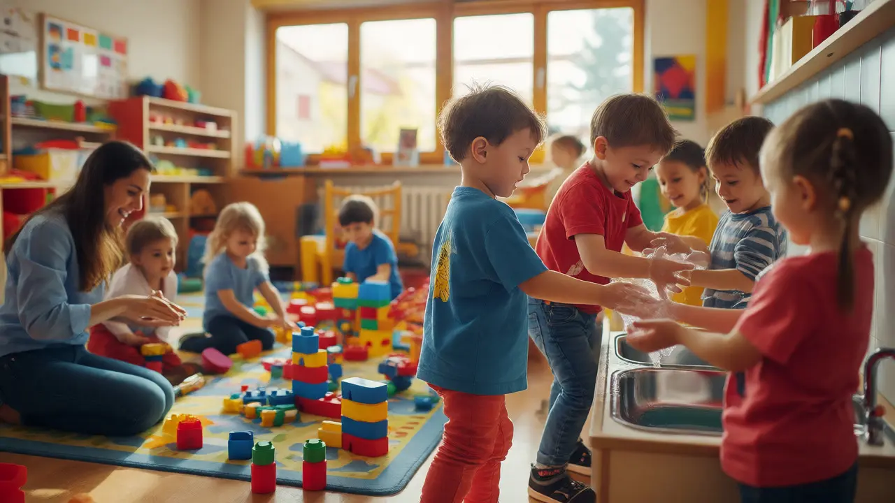 Děti si myjí ruce mýdlem ve slunné třídě mateřské školy.