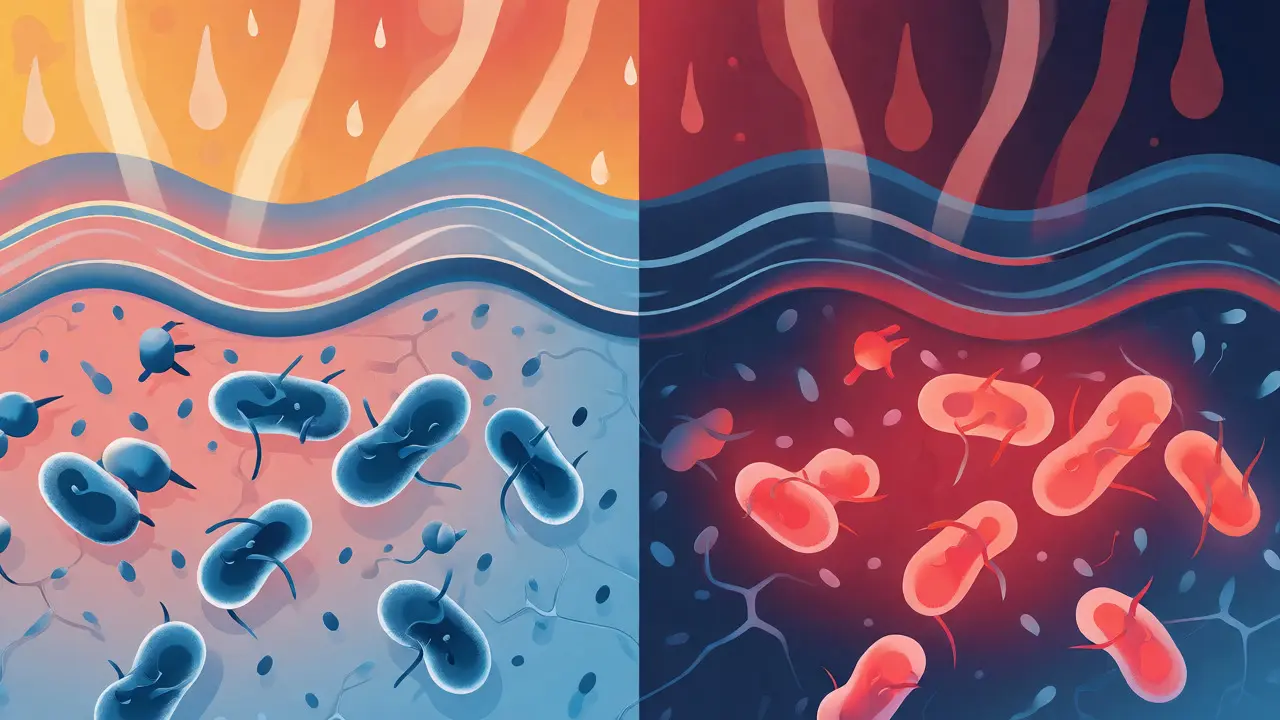 Ilustrace bakterií v kožních záhybech s korálovou fluorescencí