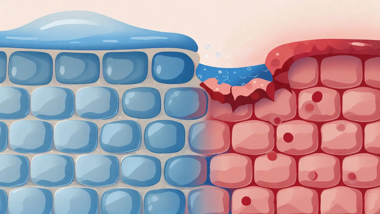 Ilustrace rozdílu mezi zdravou bariérou kůže a atopickým ekzémem.