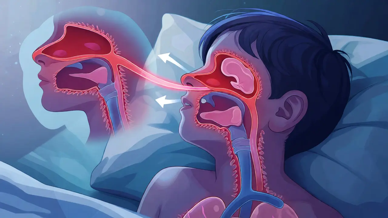 Ilustrace ucpaného nosu a dýchání pusou u spícího dítěte.