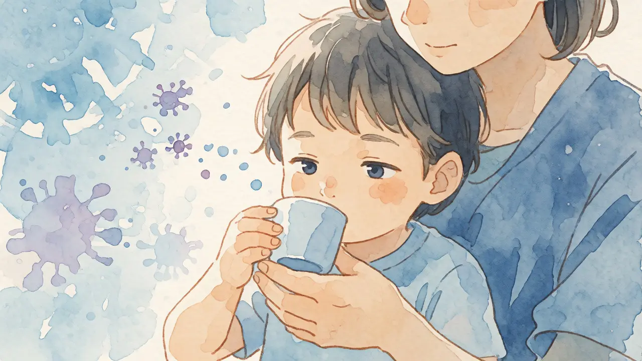 Rodič napájí dítě během nemoci, ilustrace ve stylu akvarelu